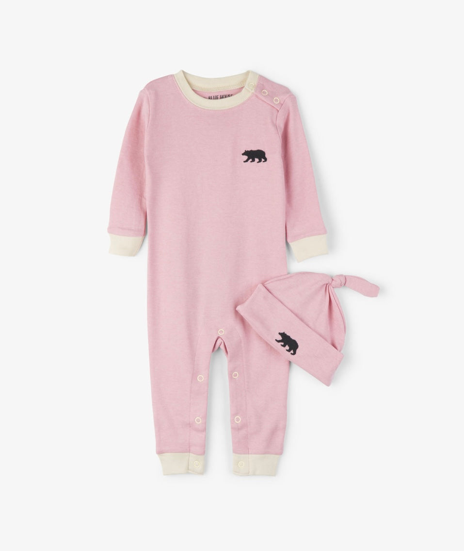 Little Blue House Pink Bear Bum Baby Coverall & Hat