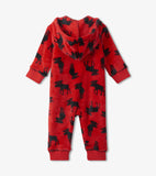 Little Blue House Moose on Red Baby Hooded Fleece Jumpsuit