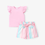 PatPat 2pcs Toddler Girl Sweet Tee and Stripe Belted Shorts