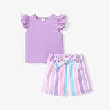 PatPat 2pcs Toddler Girl Sweet Tee and Stripe Belted Shorts