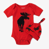 Little Blue House Moose on Red Baby Bodysuit & Hat