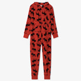 Little Blue House Moose on Red Adult Hooded Fleece Jumpsuit