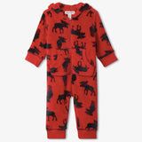 Little Blue House Moose on Red Baby Hooded Fleece Jumpsuit